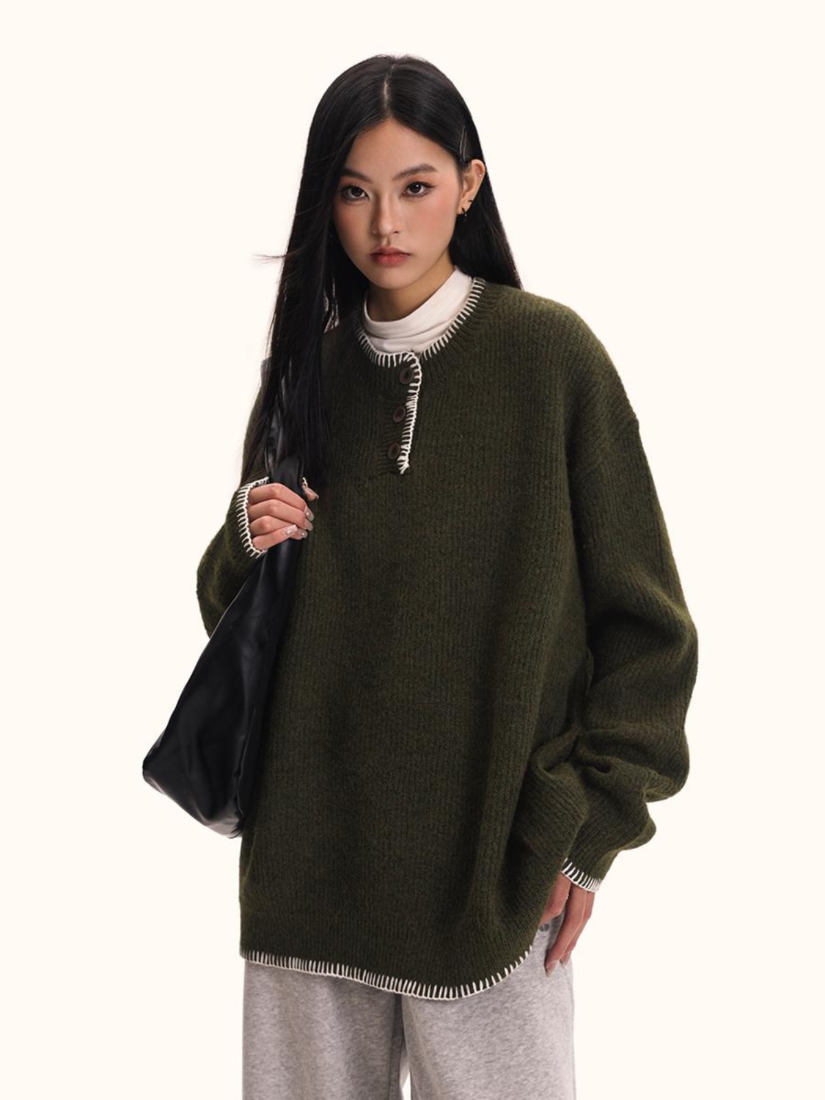 Unisex Hand-Sewn Henry Collar Sweater - Loose Fit American Vintage Style Top Jacket Unisex Hand-Sewn Henry Collar Sweater - Loose Fit American Vintage Style Top Jacket