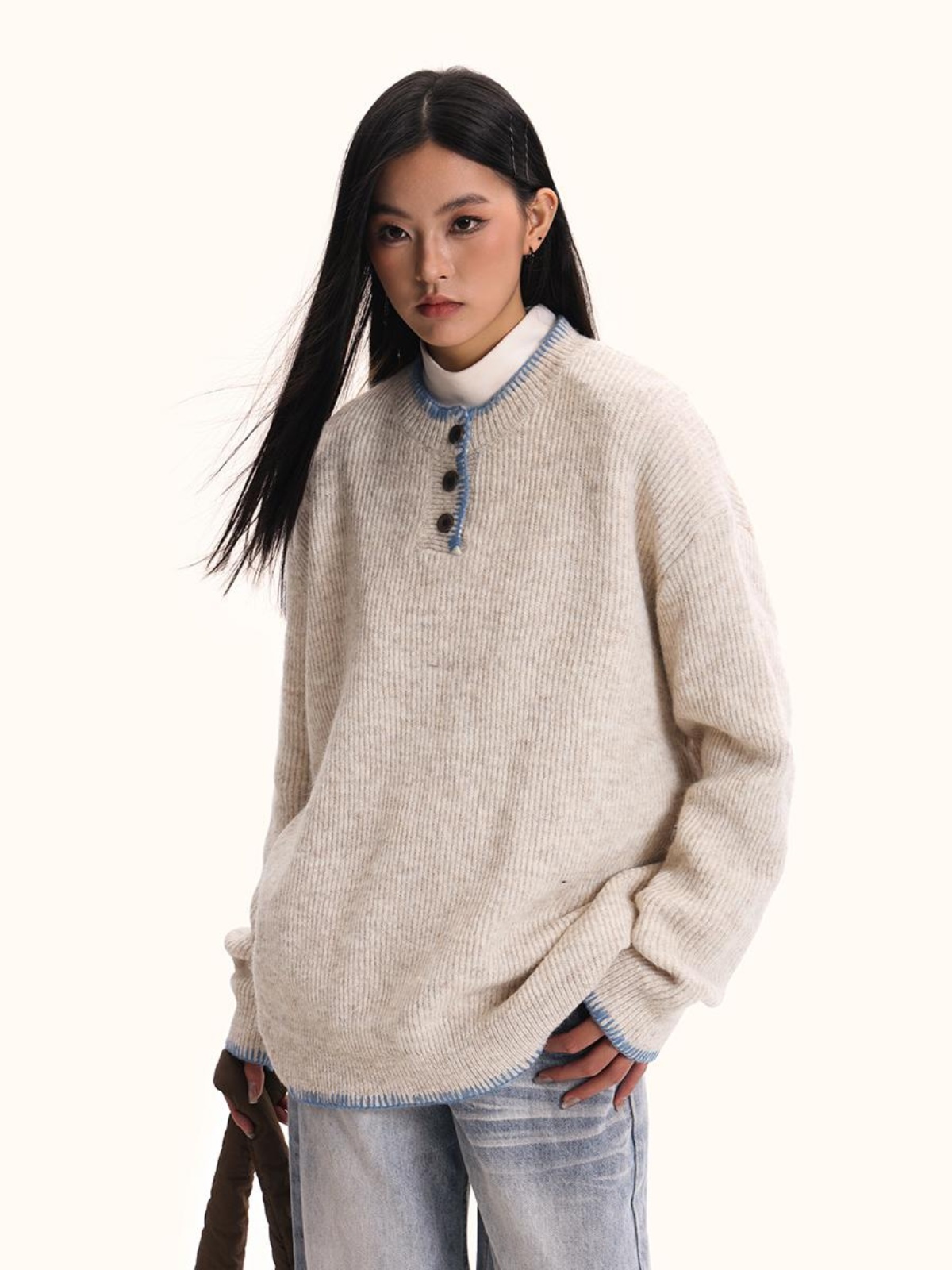 Unisex Hand-Sewn Henry Collar Sweater - Loose Fit American Vintage Style Top Jacket