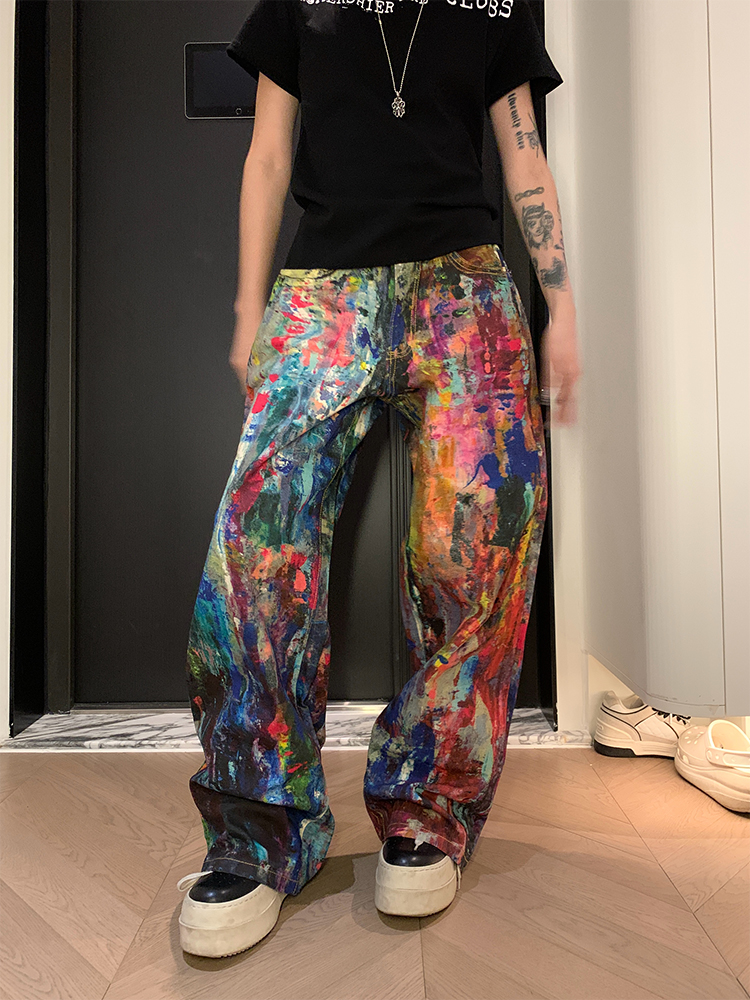 Unisex Ink Splash Tie-Dye Wide-Leg Pants - Trendy American Style Loose Fit Straight Leg Long Pants for Men and Women
