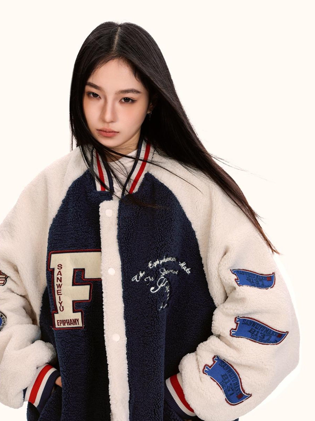 Unisex Lambswool Padded Baseball Jacket - Vintage American Style Cotton Coat for Autumn and Winter, Trendy Loose Fit Unisex Lambswool Padded Baseball Jacket - Vintage American Style Cotton Coat for Autumn and Winter, Trendy Loose Fit