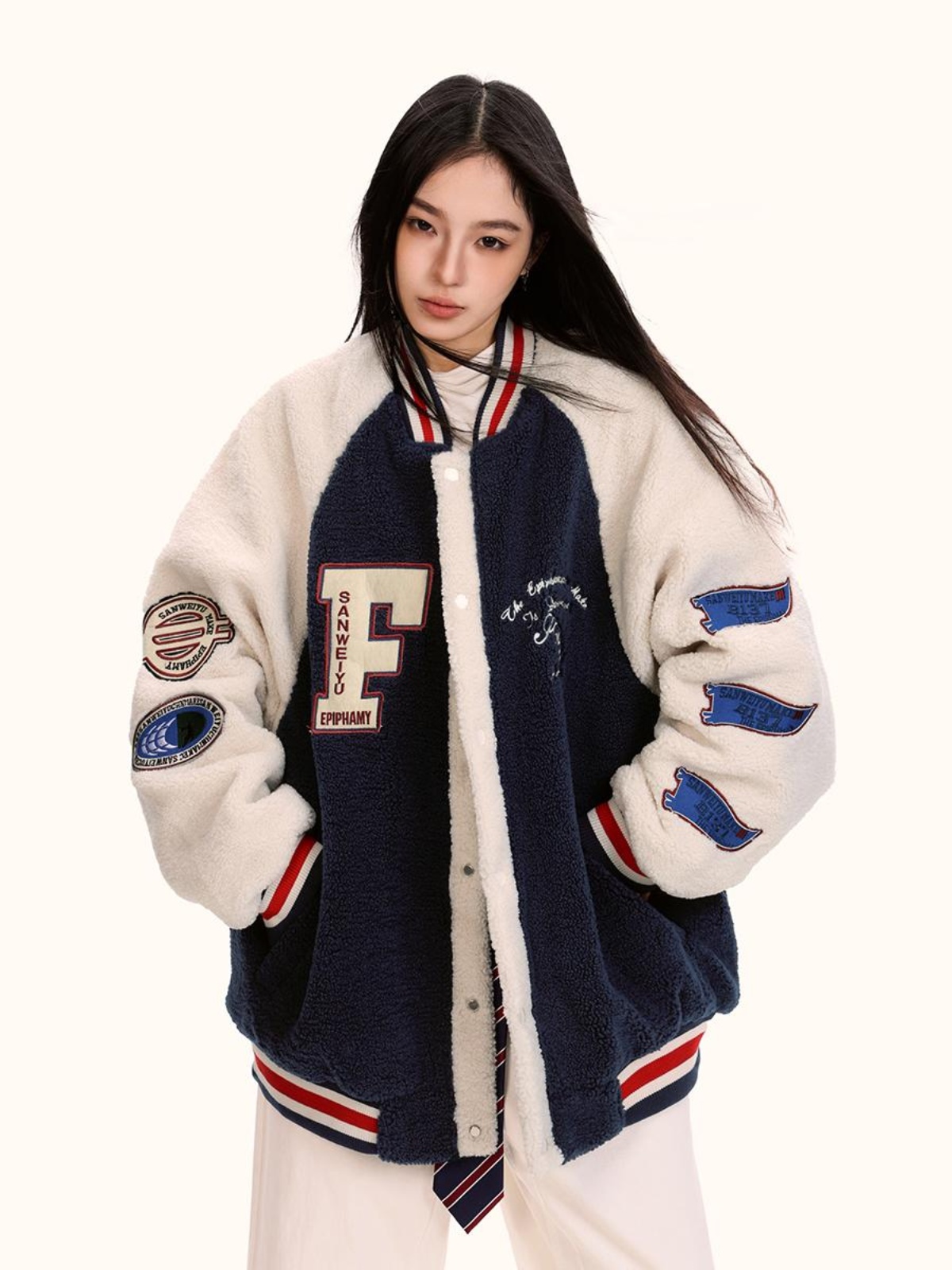 Unisex Lambswool Padded Baseball Jacket - Vintage American Style Cotton Coat for Autumn and Winter, Trendy Loose Fit Unisex Lambswool Padded Baseball Jacket - Vintage American Style Cotton Coat for Autumn and Winter, Trendy Loose Fit