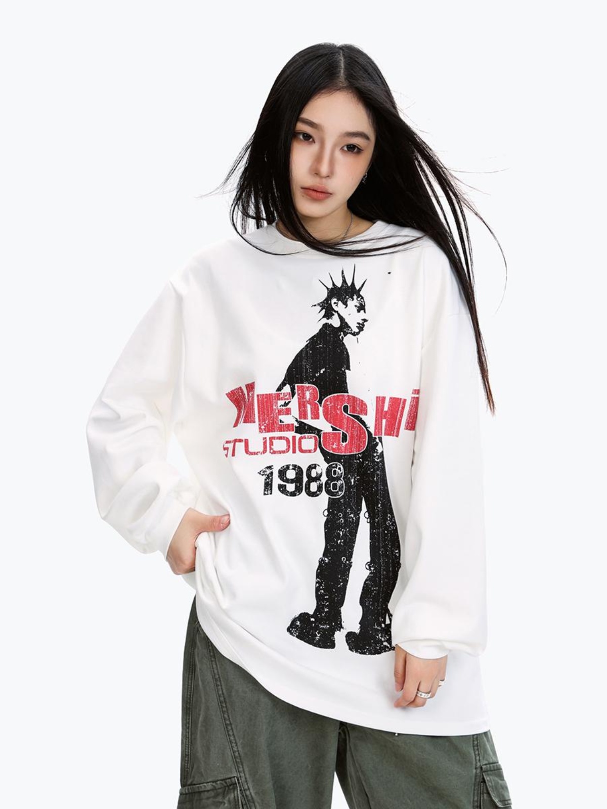 Unisex Long Sleeve Character Print T-Shirt - American Style, Loose Fit, Trendy Hip-Hop Streetwear, Cool 90s Vibe Unisex Long Sleeve Character Print T-Shirt - American Style, Loose Fit, Trendy Hip-Hop Streetwear, Cool 90s Vibe