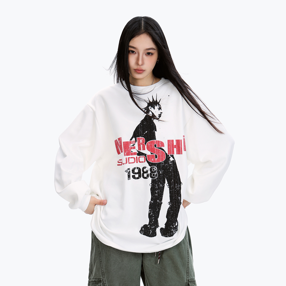 Unisex Long Sleeve Character Print T-Shirt - American Style, Loose Fit, Trendy Hip-Hop Streetwear, Cool 90s Vibe