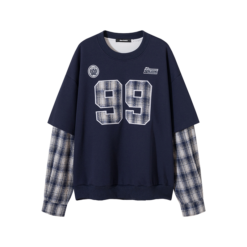 Unisex Loose College Style Round Neck Sweatshirt - Fake Two-Piece Design, Casual Spring Pullover for Street Youth Fashion