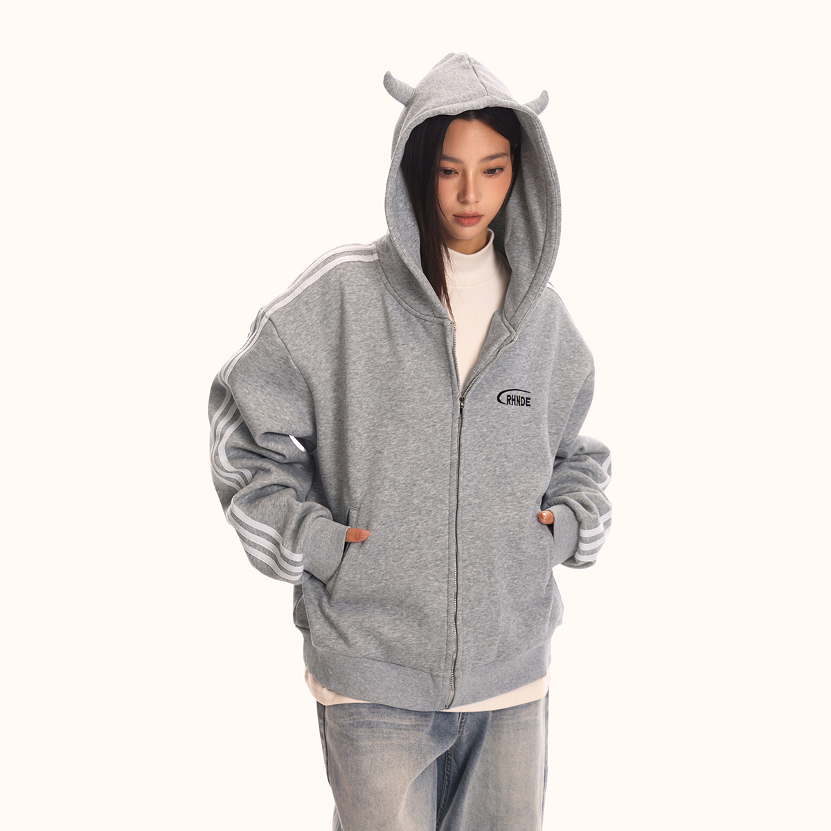 Unisex Loose Fit Hooded Sweatshirt Jacket - Vintage Striped Sports Cardigan, Trendy American 90s Style Unisex Loose Fit Hooded Sweatshirt Jacket - Vintage Striped Sports Cardigan, Trendy American 90s Style