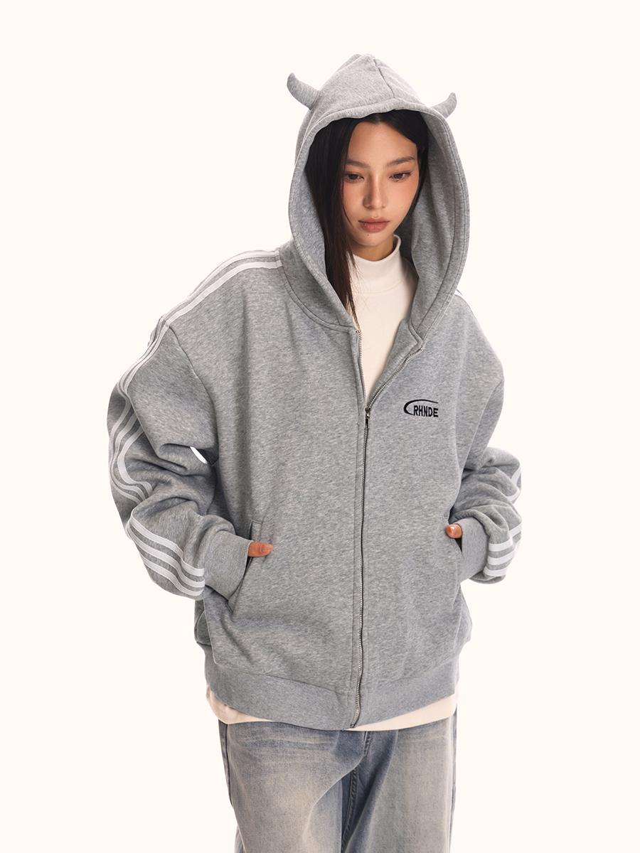 Unisex Loose Fit Hooded Sweatshirt Jacket - Vintage Striped Sports Cardigan, Trendy American 90s Style Unisex Loose Fit Hooded Sweatshirt Jacket - Vintage Striped Sports Cardigan, Trendy American 90s Style