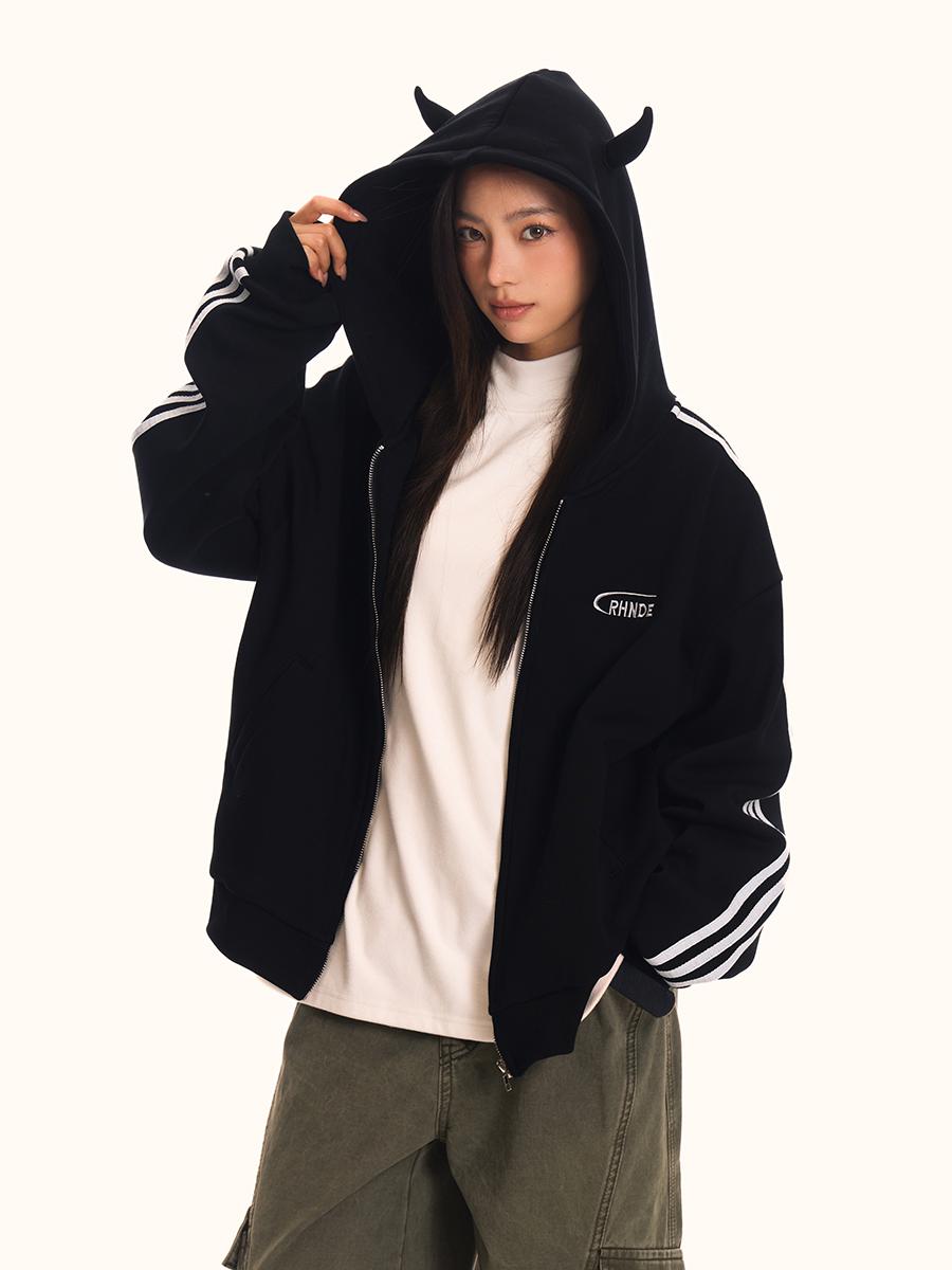 Unisex Loose Fit Hooded Sweatshirt Jacket - Vintage Striped Sports Cardigan, Trendy American 90s Style