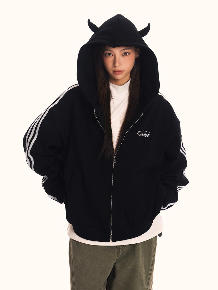 Unisex Loose Fit Hooded Sweatshirt Jacket - Vintage Striped Sports Cardigan, Trendy American 90s Style Unisex Loose Fit Hooded Sweatshirt Jacket - Vintage Striped Sports Cardigan, Trendy American 90s Style