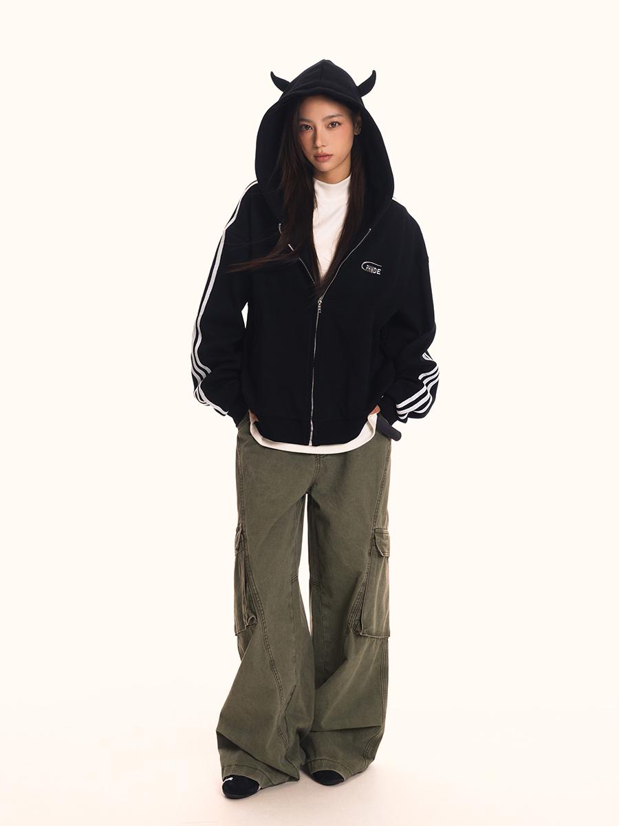 Unisex Loose Fit Hooded Sweatshirt Jacket - Vintage Striped Sports Cardigan, Trendy American 90s Style Unisex Loose Fit Hooded Sweatshirt Jacket - Vintage Striped Sports Cardigan, Trendy American 90s Style