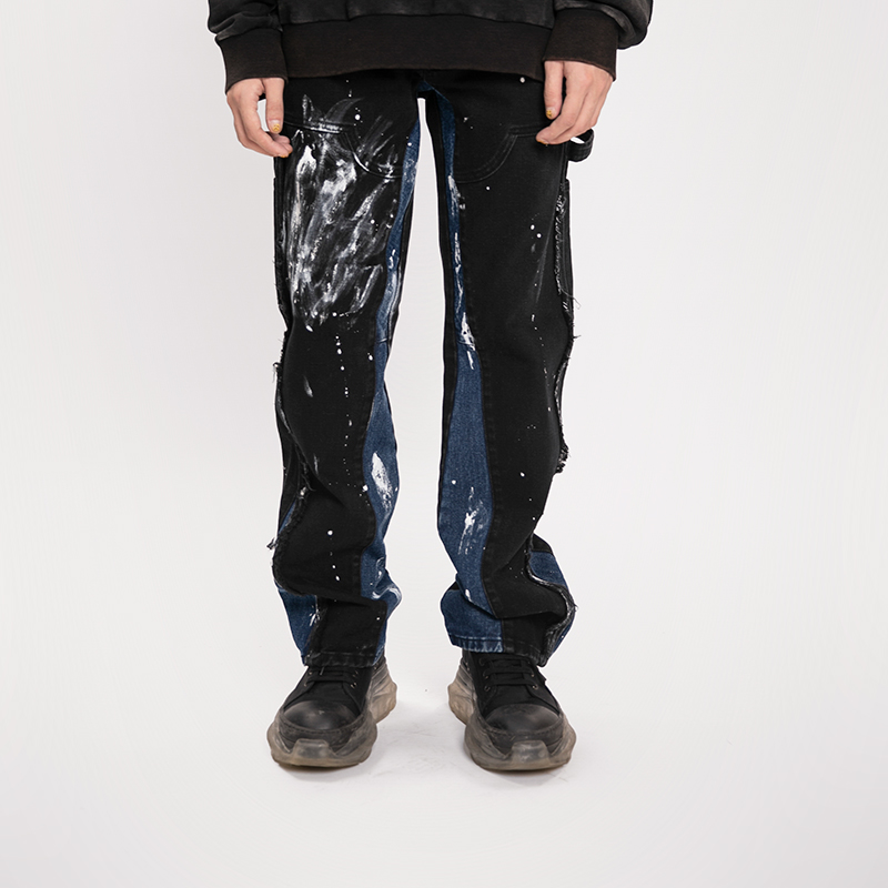 Unisex Loose Straight High Street Jeans with Ink Splash Design - Trendy 90s Inspired Pants