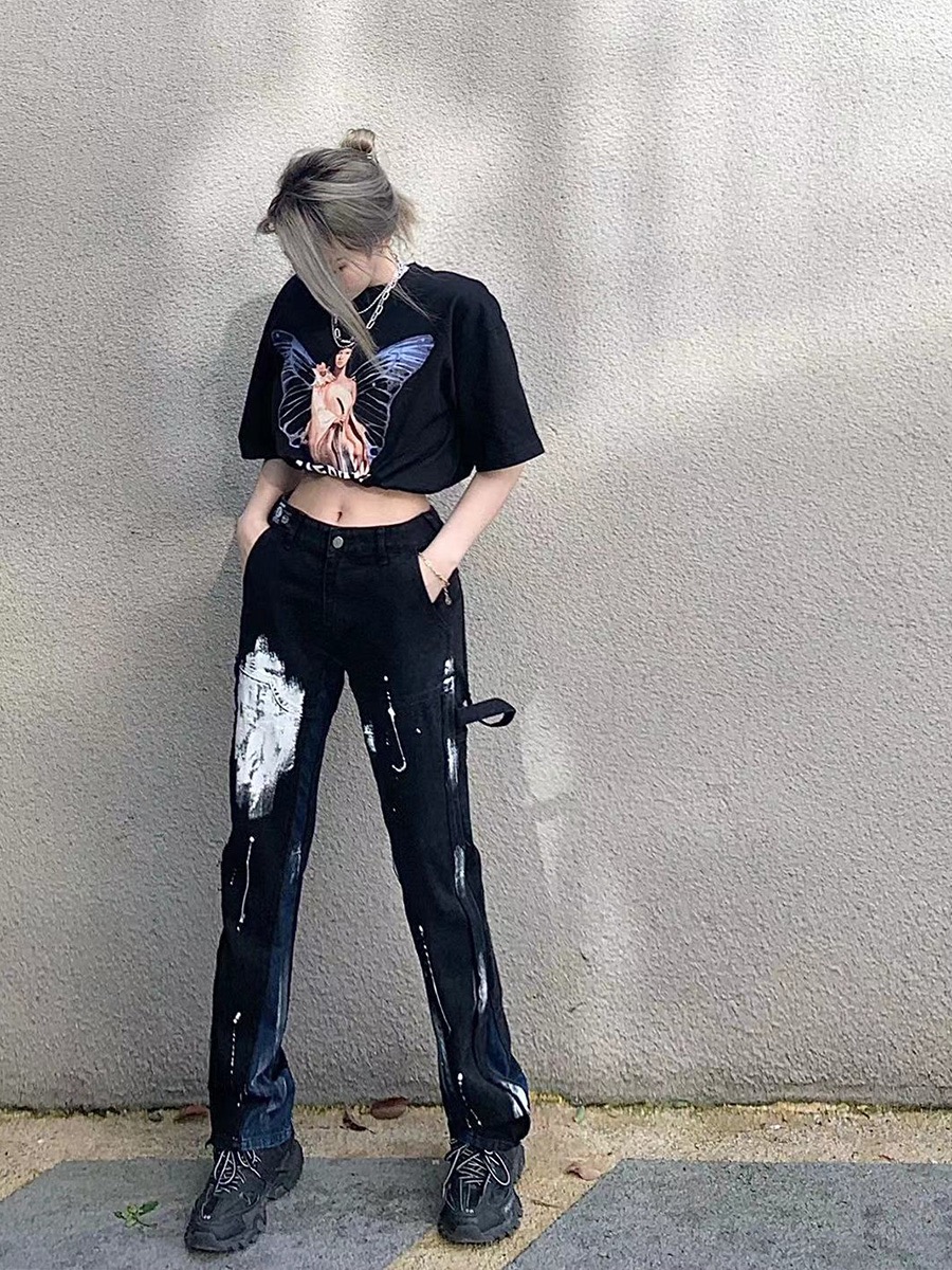 Unisex Loose Straight High Street Jeans with Ink Splash Design - Trendy 90s Inspired Pants