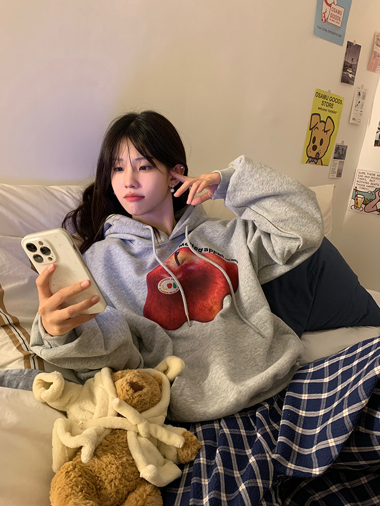 Unisex Melting Apple Print Hoodie - 2025 Autumn Casual Jacket, Loose Fit American Style for Men and Women