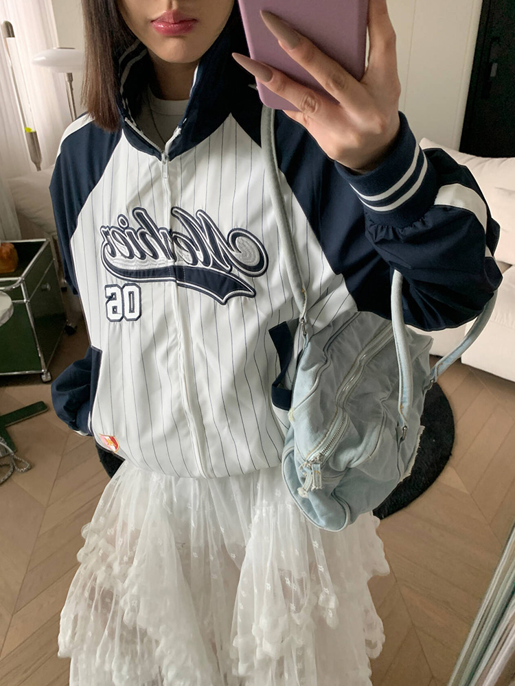 Unisex Patchwork Striped Sports Jacket with Stand Collar â€“ Casual Loose Outerwear for Spring & Autumn, American Style