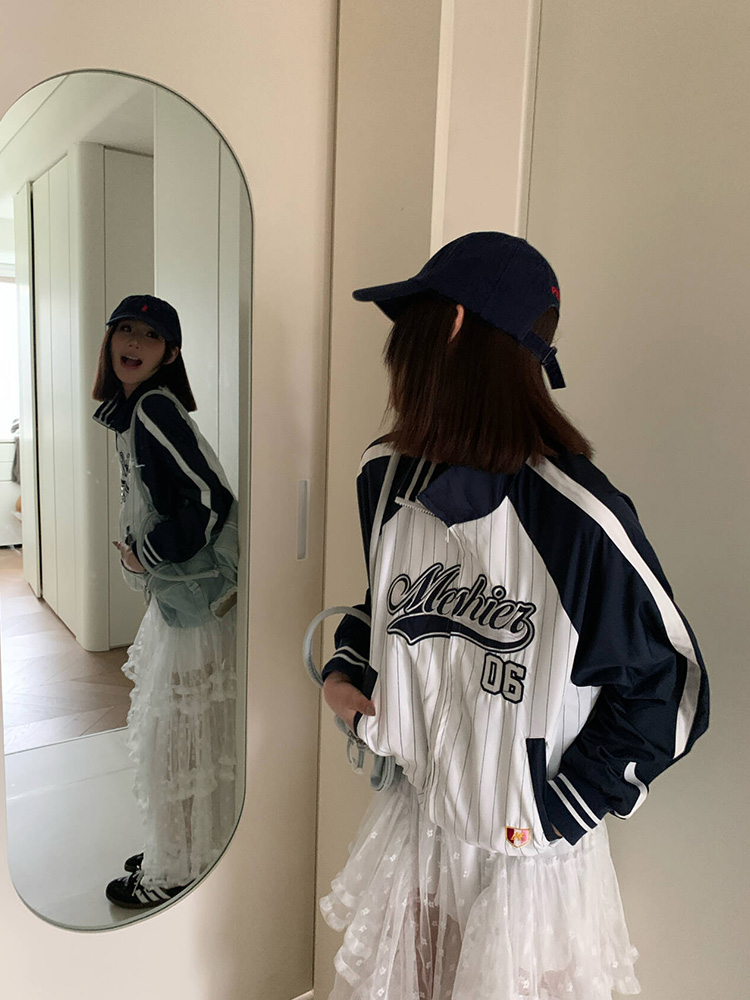 Unisex Patchwork Striped Sports Jacket with Stand Collar â€“ Casual Loose Outerwear for Spring & Autumn, American Style