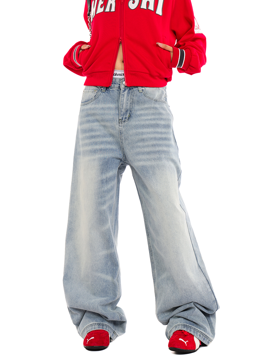 Unisex Retro Distressed Light Blue High Street Straight-Leg Jeans with Cat Whisker Wash – Loose Fit American Style Pants Unisex Retro Distressed Light Blue High Street Straight-Leg Jeans with Cat Whisker Wash – Loose Fit American Style Pants