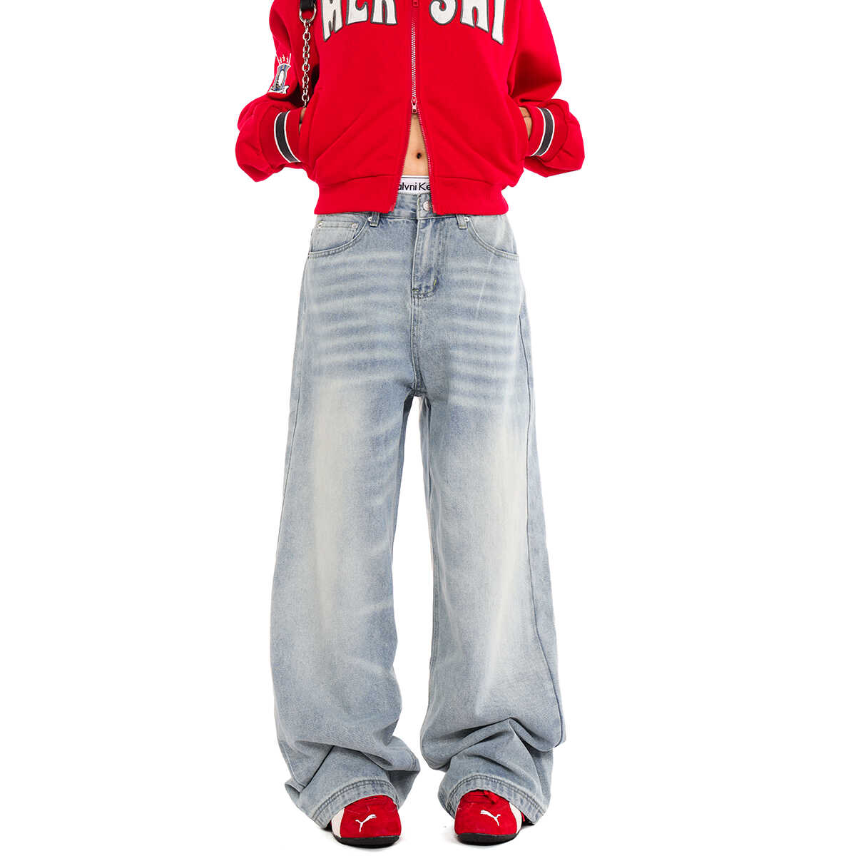 Unisex Retro Distressed Light Blue High Street Straight-Leg Jeans with Cat Whisker Wash â€“ Loose Fit American Style Pants