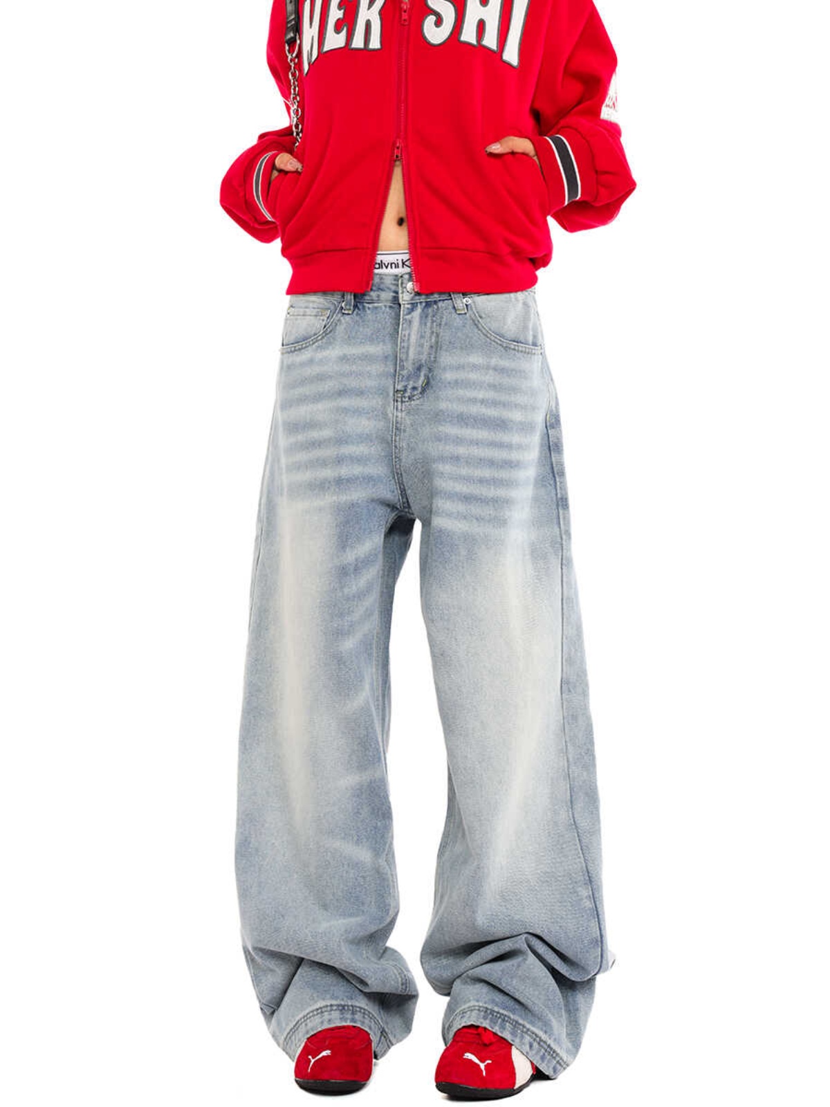 Unisex Retro Distressed Light Blue High Street Straight-Leg Jeans with Cat Whisker Wash â€“ Loose Fit American Style Pants