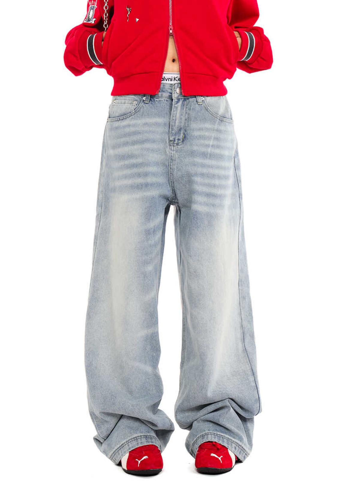 Unisex Retro Distressed Light Blue High Street Straight-Leg Jeans with Cat Whisker Wash – Loose Fit American Style Pants Unisex Retro Distressed Light Blue High Street Straight-Leg Jeans with Cat Whisker Wash – Loose Fit American Style Pants