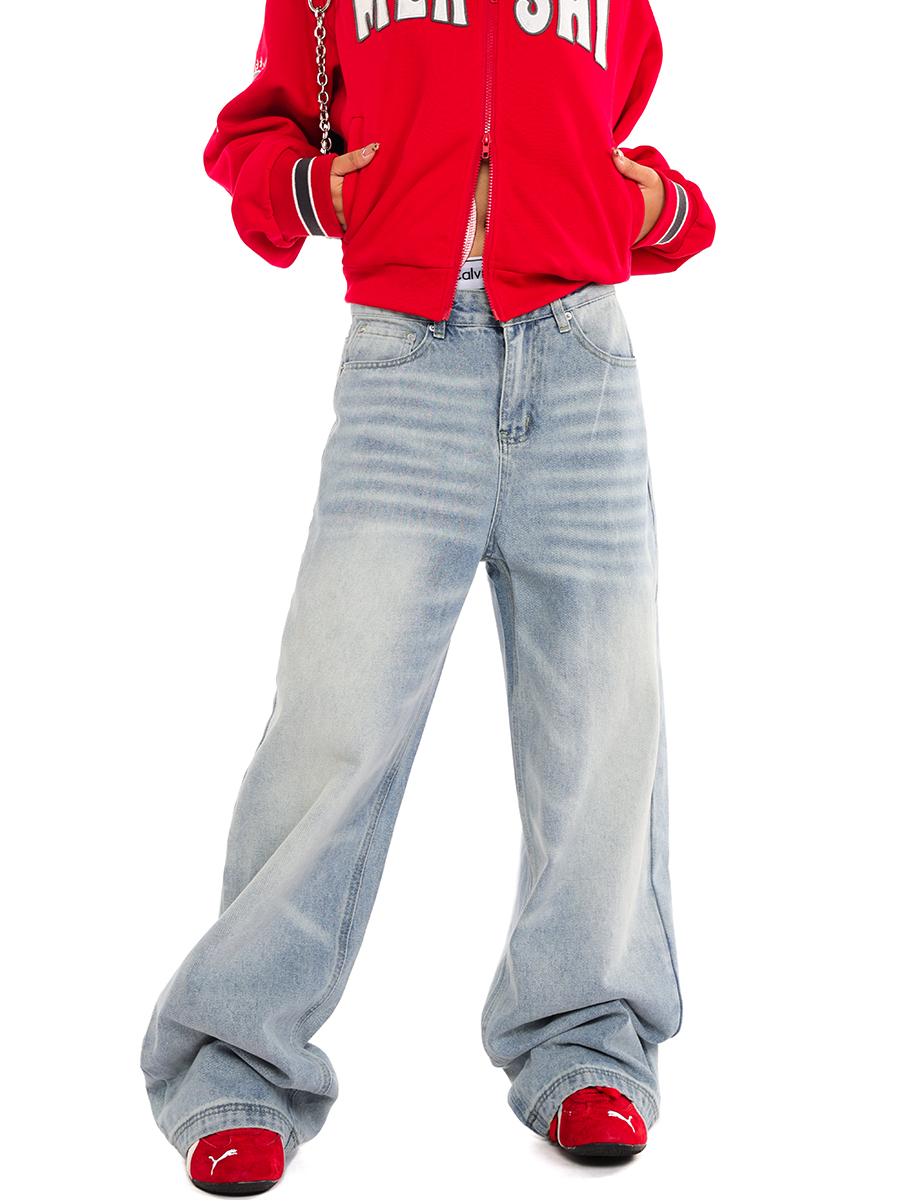 Unisex Retro Distressed Light Blue High Street Straight-Leg Jeans with Cat Whisker Wash – Loose Fit American Style Pants Unisex Retro Distressed Light Blue High Street Straight-Leg Jeans with Cat Whisker Wash – Loose Fit American Style Pants