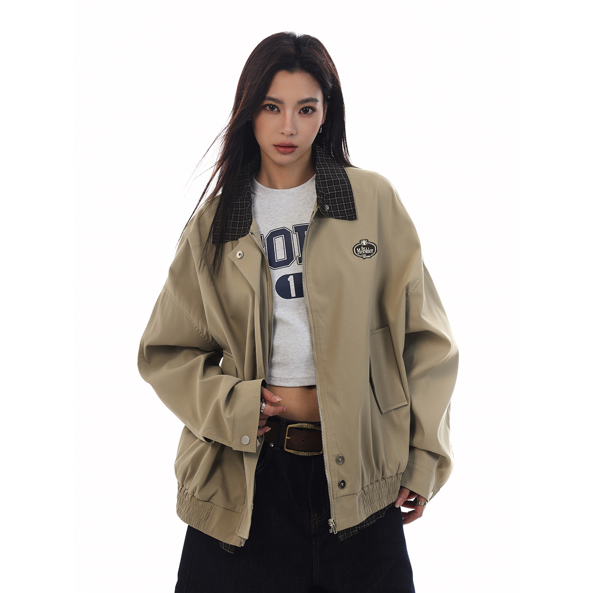 Unisex Retro Plaid Spliced Jacket - American Barn Style Loose Versatile Outerwear for Trendy 90s and Y2K Fashion