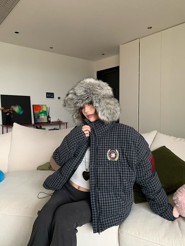 Unisex Stand Collar Embroidered Plaid Cotton Jacket - Casual Loose Fit Puffer Coat for Winter, American Style Fashion