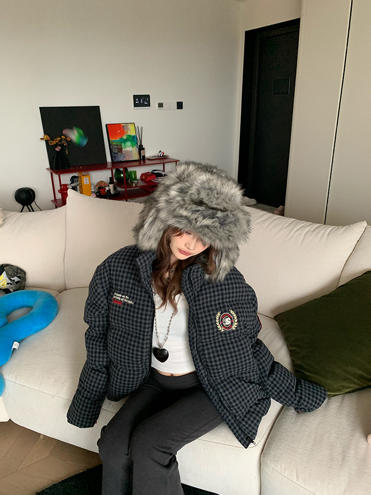 Unisex Stand Collar Embroidered Plaid Cotton Jacket - Casual Loose Fit Puffer Coat for Winter, American Style Fashion Unisex Stand Collar Embroidered Plaid Cotton Jacket - Casual Loose Fit Puffer Coat for Winter, American Style Fashion