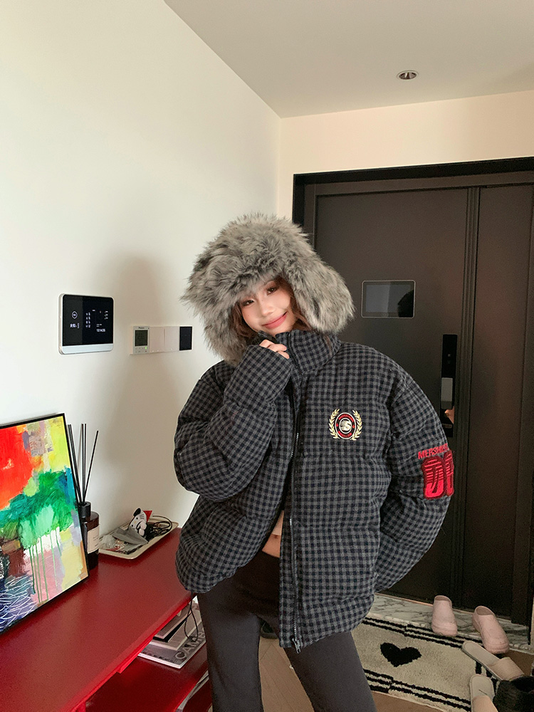 Unisex Stand Collar Embroidered Plaid Cotton Jacket - Casual Loose Fit Puffer Coat for Winter, American Style Fashion