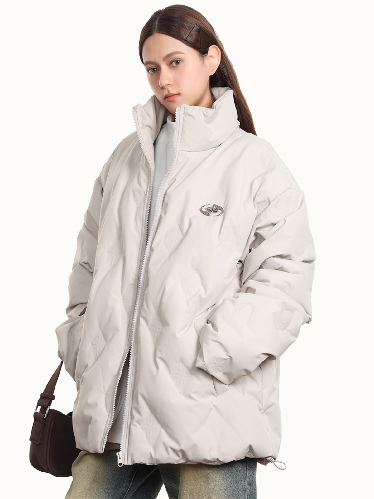 Unisex Thickened White Duck Down Winter Coat with Stand Collar - Loose Fit American Style for 90s Inspired Fashion