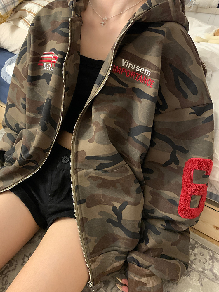 Unisex Vintage Embroidered Camouflage Hoodie Cardigan - Casual Loose Fit Jacket for Autumn Winter Fashion