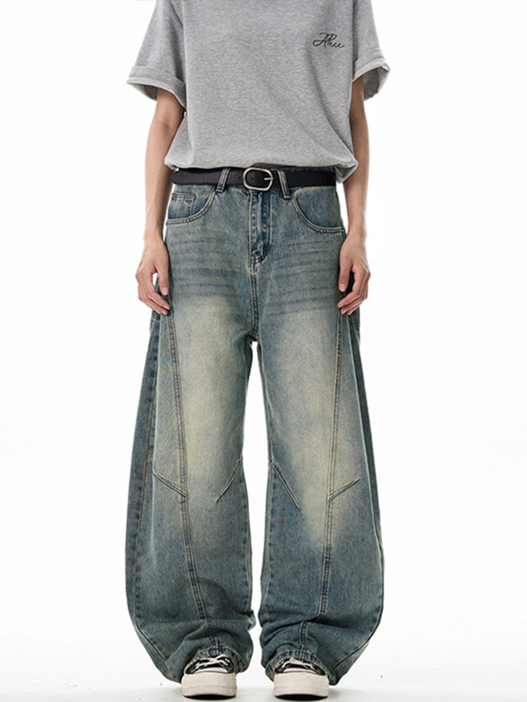 Unisex Vintage-Style Three-Dimensional Curved Knife Jeans - Loose Fit, Slimming Long Pants for a Clean Aesthetic