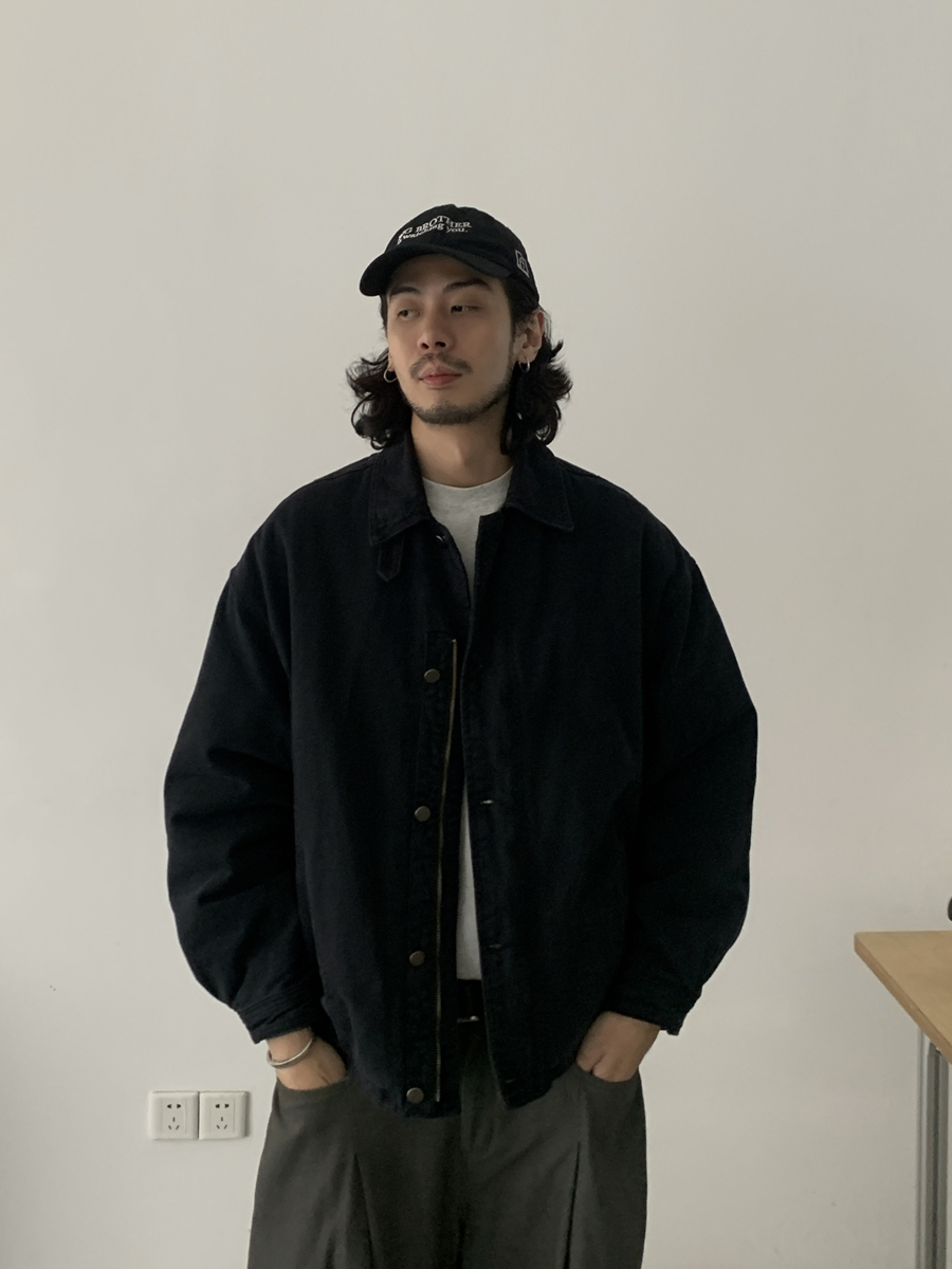 Unisex Vintage Washed Distressed Cotton Jacket with Lapel - Retro Padded Coat for Casual Style