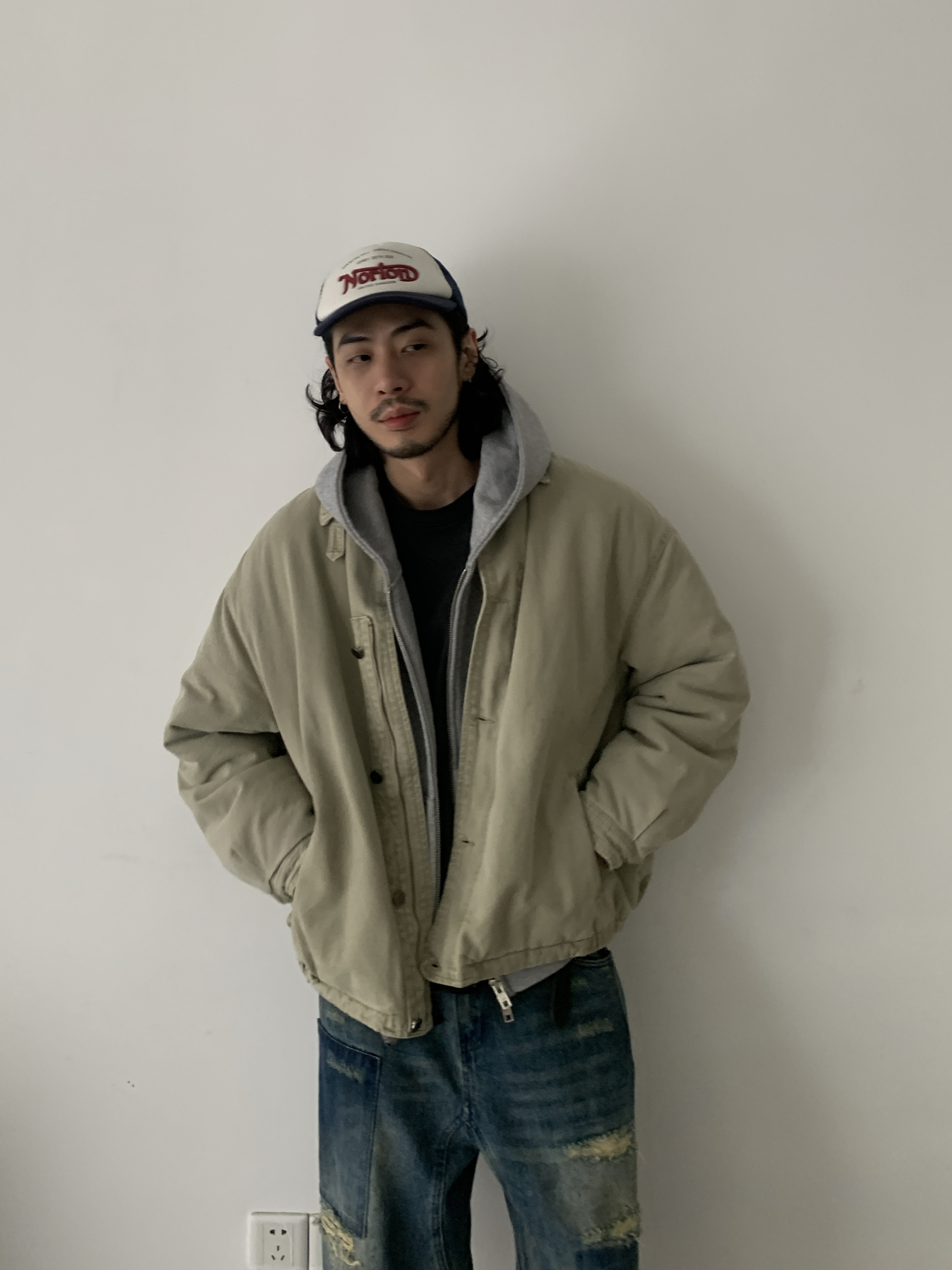 Unisex Vintage Washed Distressed Cotton Jacket with Lapel - Retro Padded Coat for Casual Style