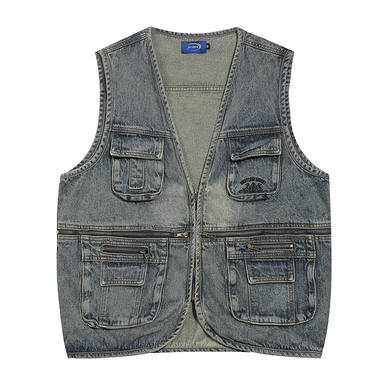 Unisex Vintage Washed Distressed Multi-Pocket Denim Work Vest - Trendy Sleeveless Jacket for Layering, Casual Street Style