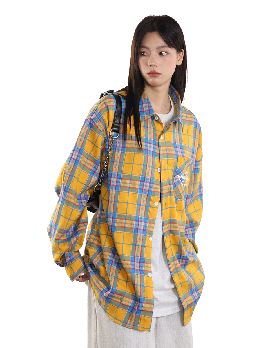 Unisex Vintage Yellow Plaid Shirt - Trendy Loose Casual Top for Couples - Versatile 90s Inspired Fashion