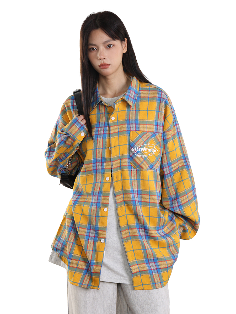 Unisex Vintage Yellow Plaid Shirt - Trendy Loose Casual Top for Couples - Versatile 90s Inspired Fashion Unisex Vintage Yellow Plaid Shirt - Trendy Loose Casual Top for Couples - Versatile 90s Inspired Fashion