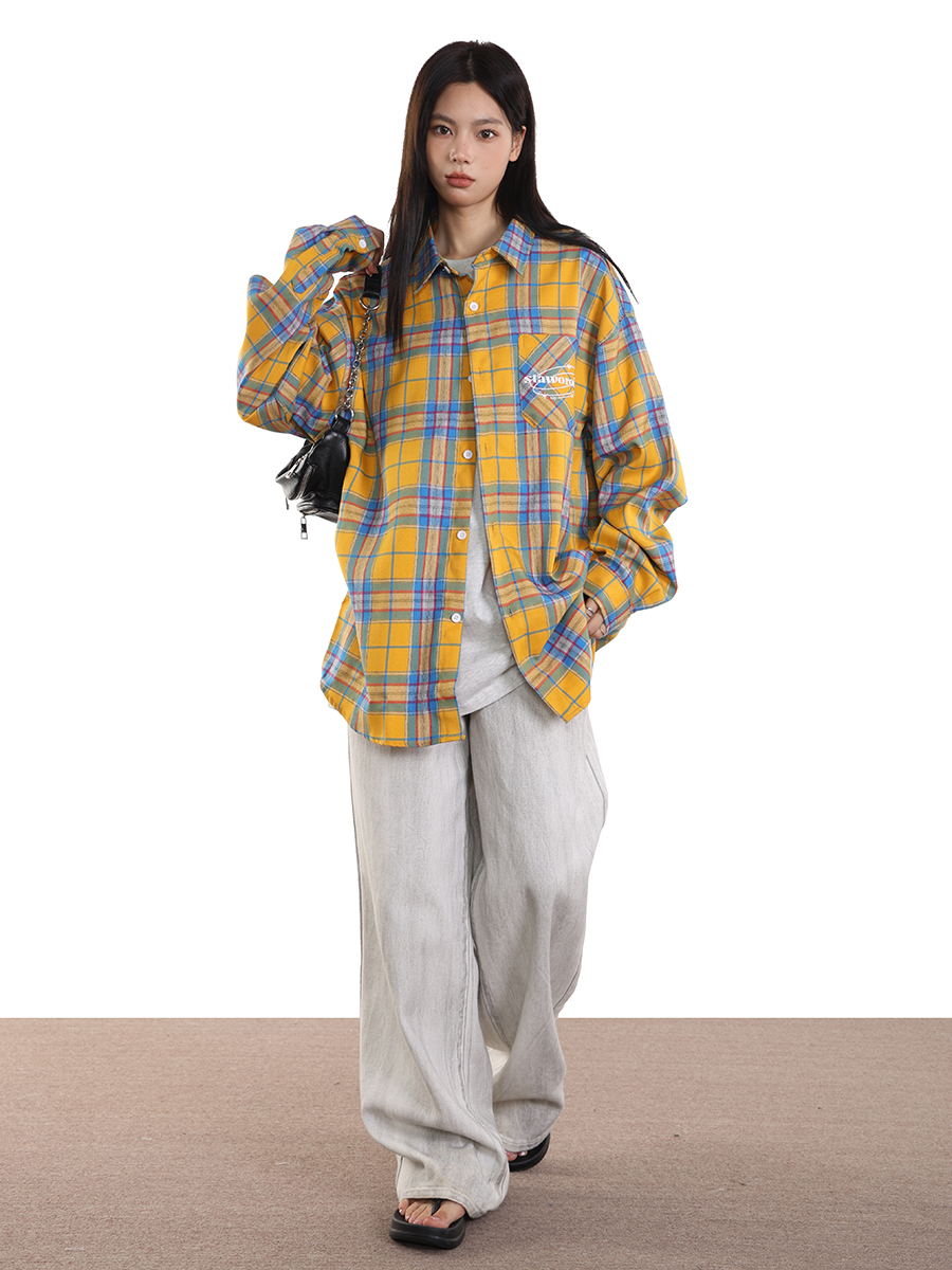 Unisex Vintage Yellow Plaid Shirt - Trendy Loose Casual Top for Couples - Versatile 90s Inspired Fashion Unisex Vintage Yellow Plaid Shirt - Trendy Loose Casual Top for Couples - Versatile 90s Inspired Fashion