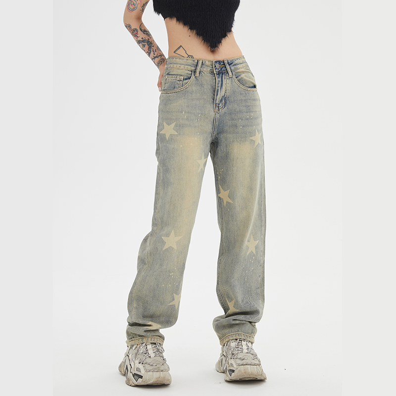Unisex Water-Washed Vintage Denim Pants with Star Print in Yellow Mud Dye - Loose Straight-Leg Trousers for a Retro 90s Look