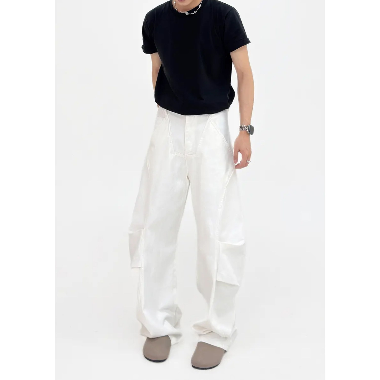 Unisex Wide-Leg Denim Pants in White with Curved Blade Pleats - Casual Long Trousers for 90s and Y2K Style