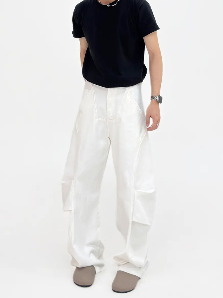 Unisex Wide-Leg Denim Pants in White with Curved Blade Pleats - Casual Long Trousers for 90s and Y2K Style