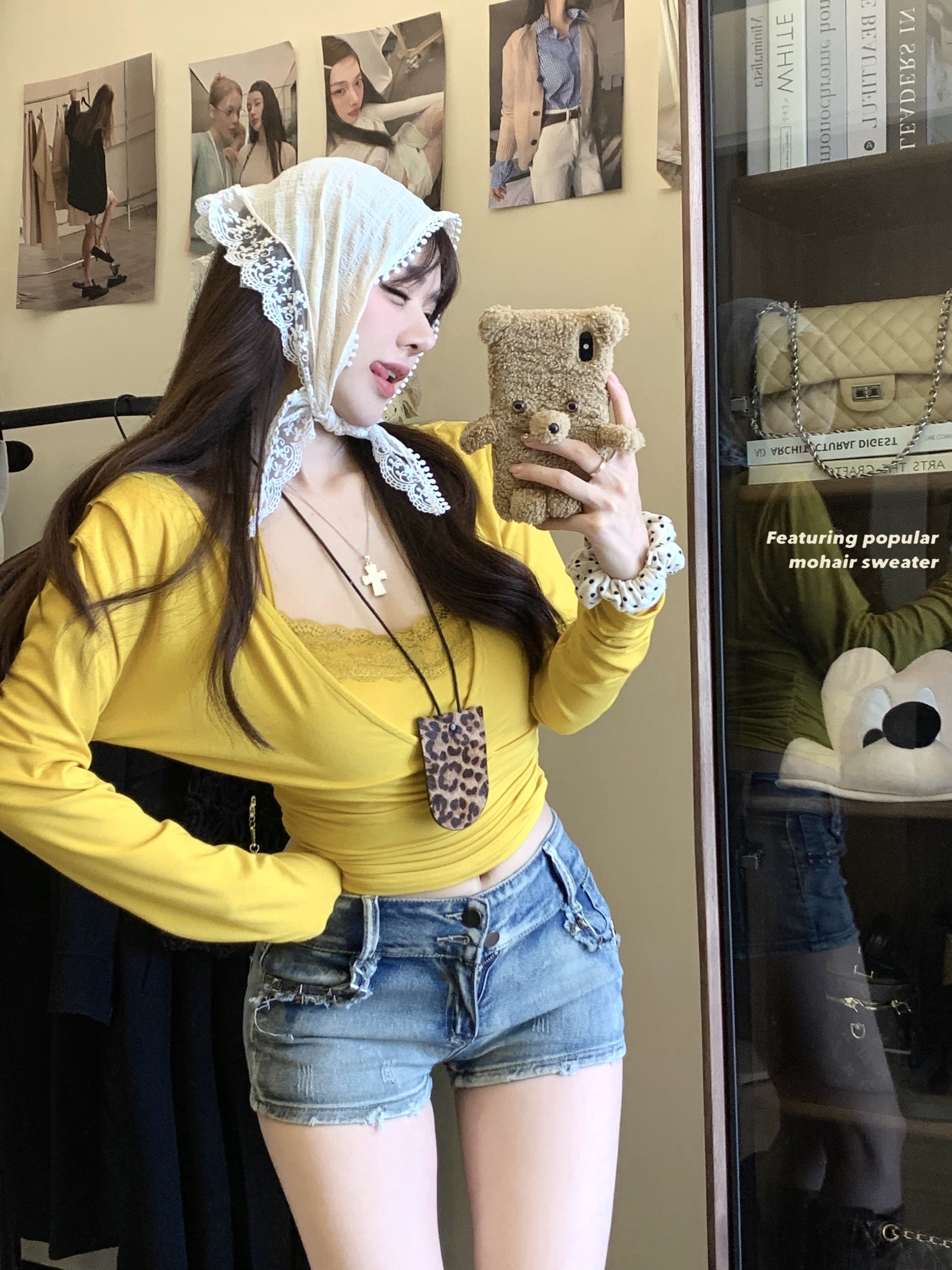 V-neck Lace Camisole Two-Piece Set - Y2K Spicy Girl Jazz Dance Outfit with Waist-Cinching Long Sleeve Top