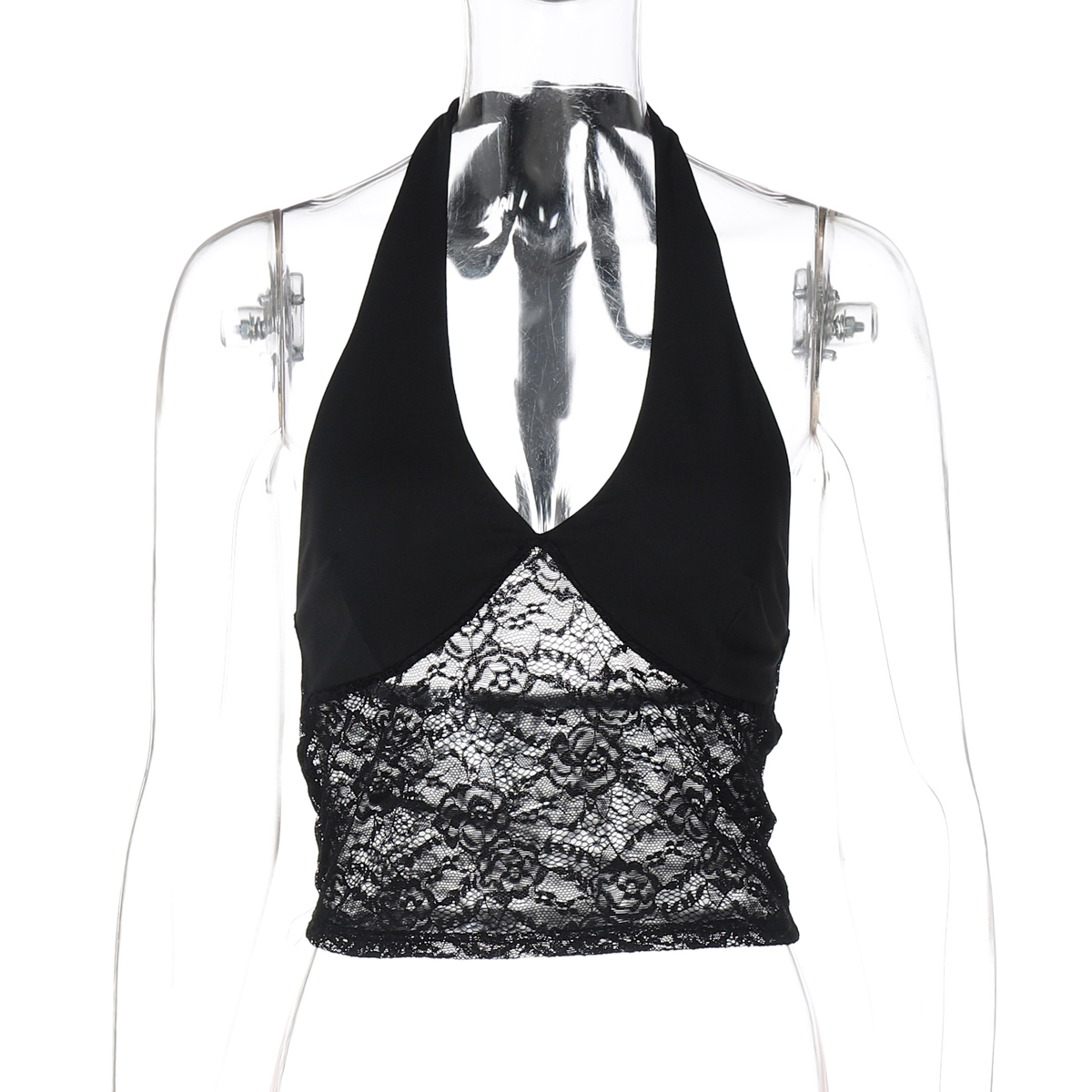 V-neck Lace Splicing Tie Back Halter Crop Top - Sexy Fitted Short Top for 90s and Y2K Style Fashion