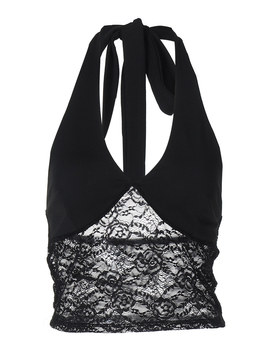 V-neck Lace Splicing Tie Back Halter Crop Top - Sexy Fitted Short Top for 90s and Y2K Style Fashion V-neck Lace Splicing Tie Back Halter Crop Top - Sexy Fitted Short Top for 90s and Y2K Style Fashion