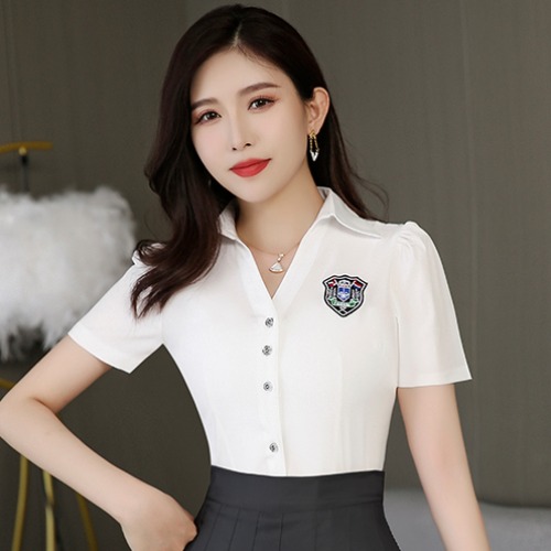 V-Neck Short Sleeve White Shirt & Pleated Skirt Women's Work Uniform for Hotel Front Desk & Massage Therapists, Stylish Club Outfit