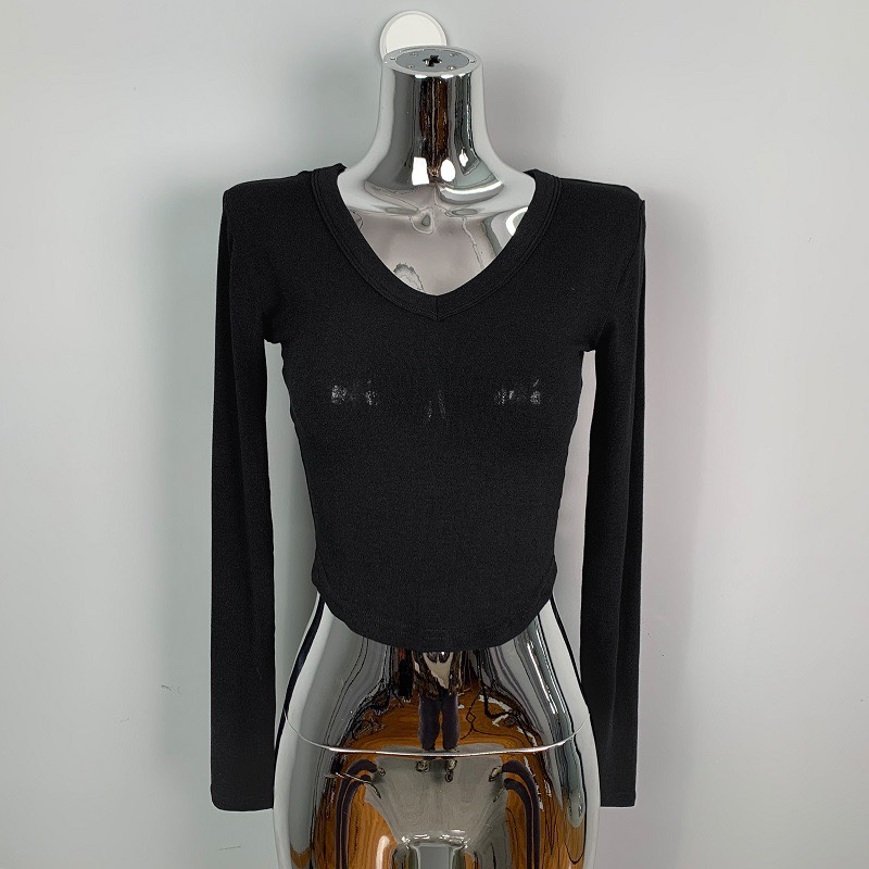 V-Neck Slim-Fit Cropped Long Sleeve T-Shirt for Women - Comfortable Figure-Enhancing Korean Style Fashion