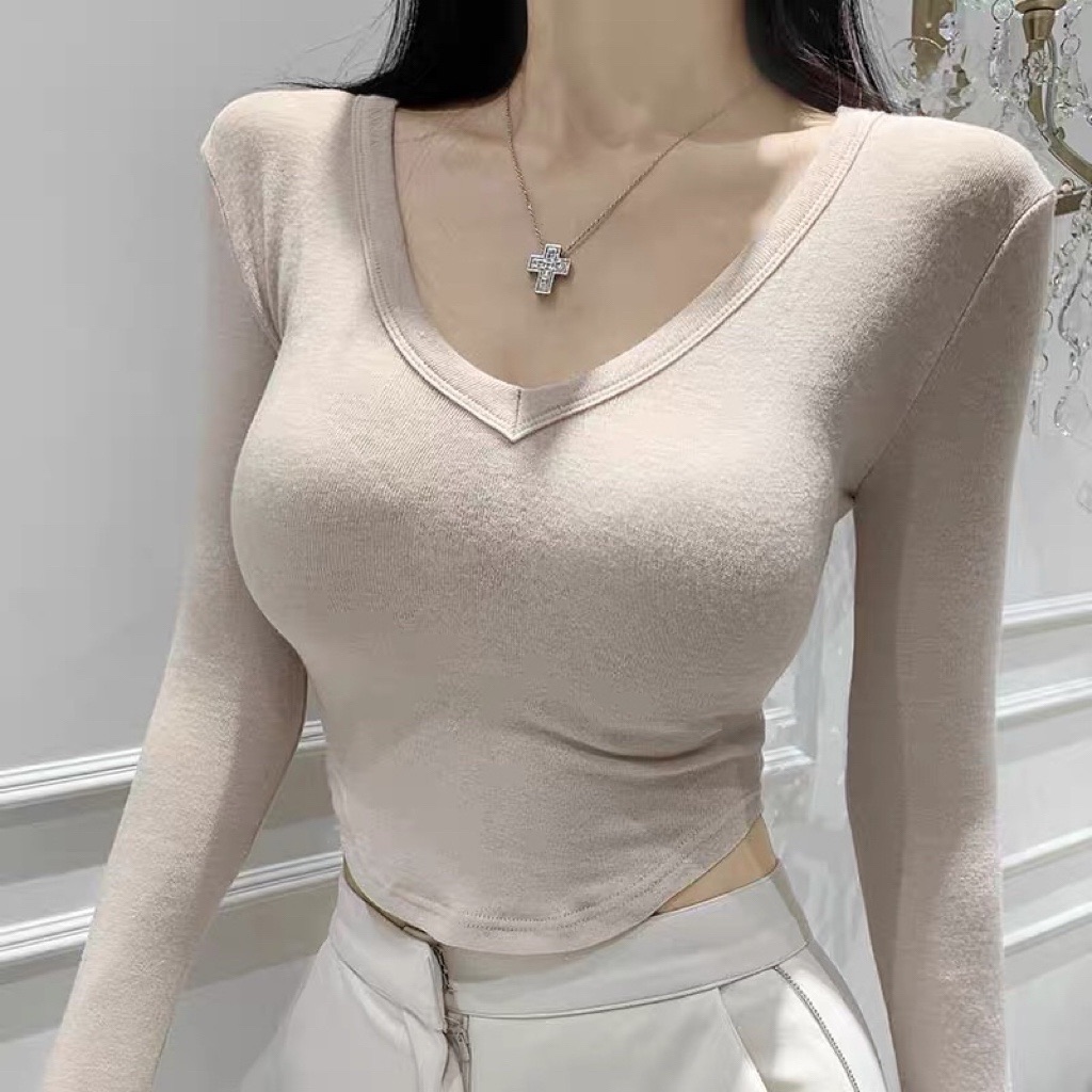 V-Neck Slim-Fit Cropped Long Sleeve T-Shirt for Women - Comfortable Figure-Enhancing Korean Style Fashion V-Neck Slim-Fit Cropped Long Sleeve T-Shirt for Women - Comfortable Figure-Enhancing Korean Style Fashion