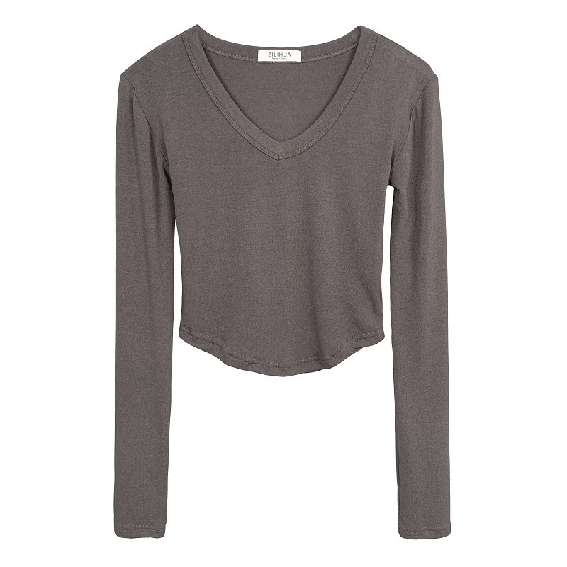 V-Neck Slim-Fit Cropped Long Sleeve T-Shirt for Women - Comfortable Figure-Enhancing Korean Style Fashion V-Neck Slim-Fit Cropped Long Sleeve T-Shirt for Women - Comfortable Figure-Enhancing Korean Style Fashion
