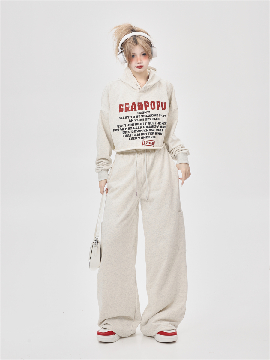 Versatile American Retro Fashion Slim-Fit Letter Print Short Hoodie and Pants Set for Women - Casual Sportswear Y2K Style