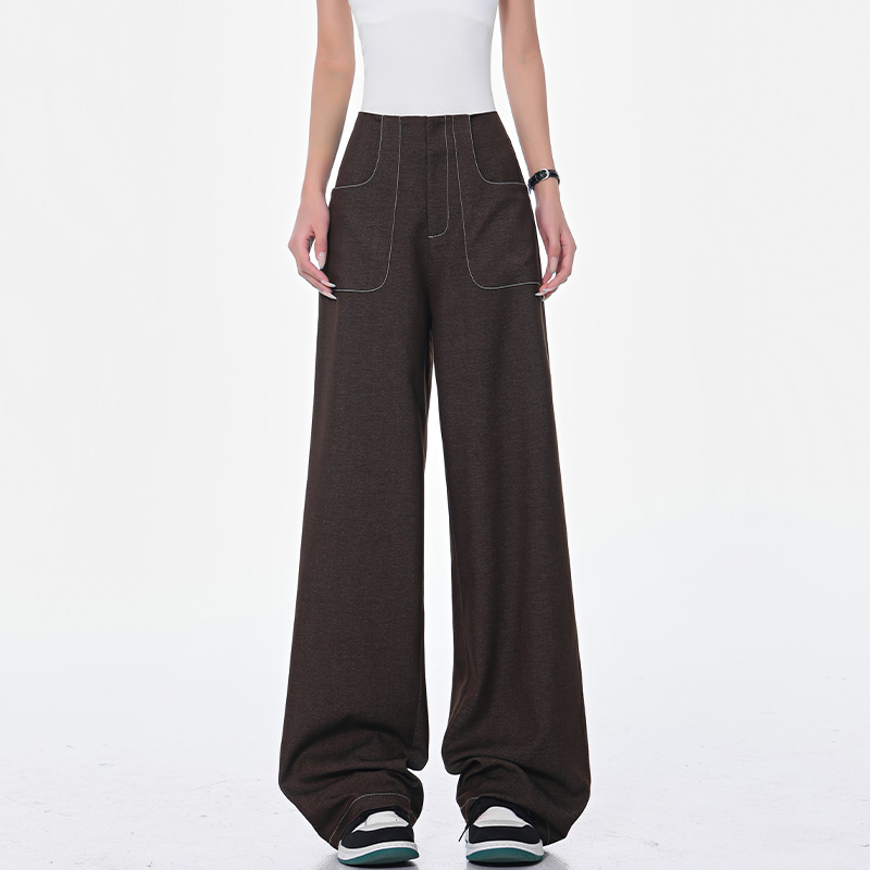 Versatile Coffee Color Draped Wide-Leg Suit Pants for Women - High Waist Loose Slimming Casual Fashion Trousers, Spring Style