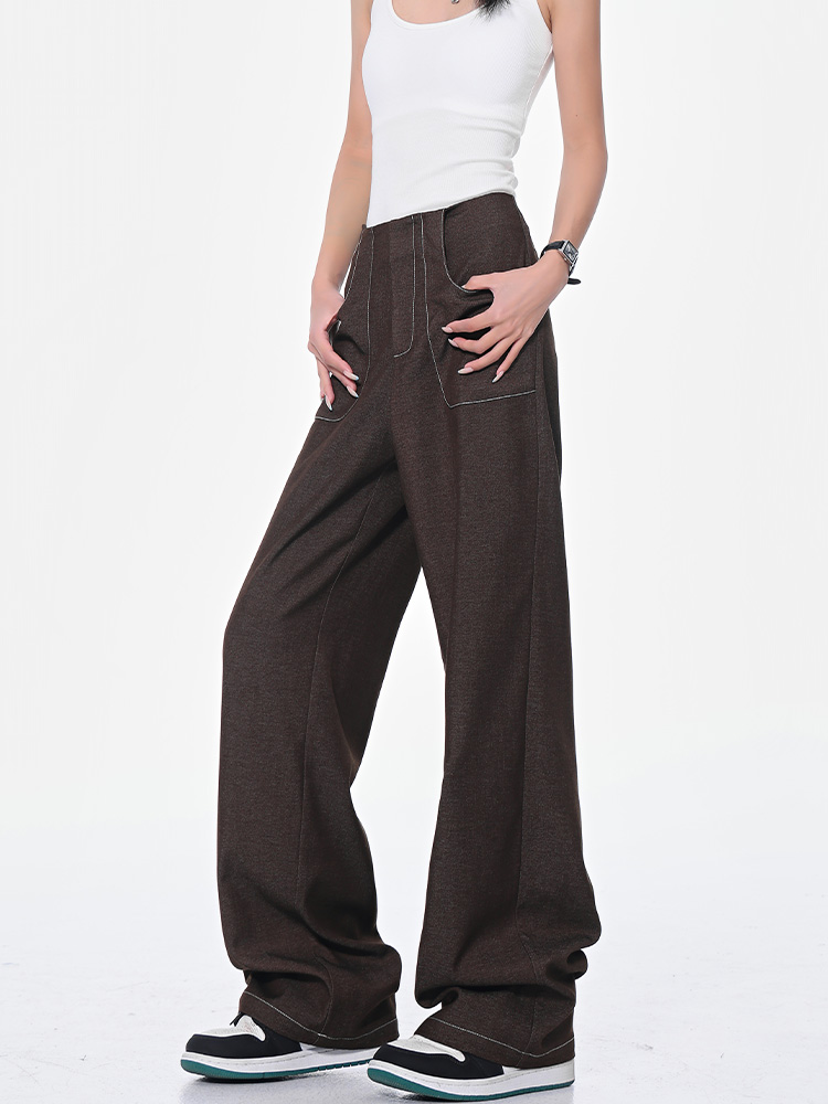 Versatile Coffee Color Draped Wide-Leg Suit Pants for Women - High Waist Loose Slimming Casual Fashion Trousers, Spring Style Versatile Coffee Color Draped Wide-Leg Suit Pants for Women - High Waist Loose Slimming Casual Fashion Trousers, Spring Style