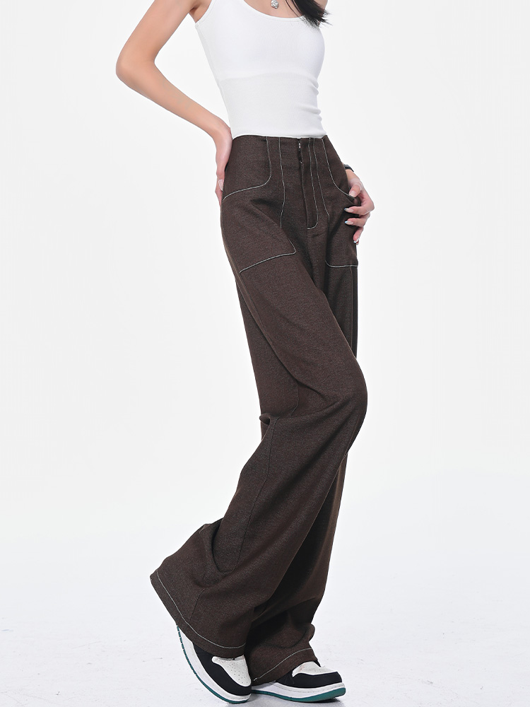 Versatile Coffee Color Draped Wide-Leg Suit Pants for Women - High Waist Loose Slimming Casual Fashion Trousers, Spring Style